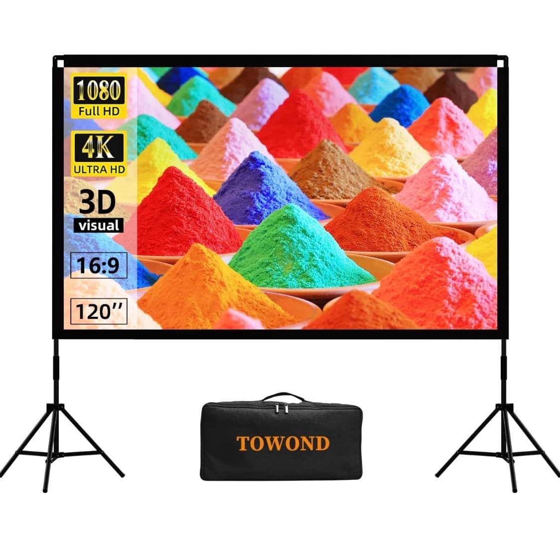 Pantalla para proyector con soporte, Towond pantalla de cine portátil de 120 pulgadas